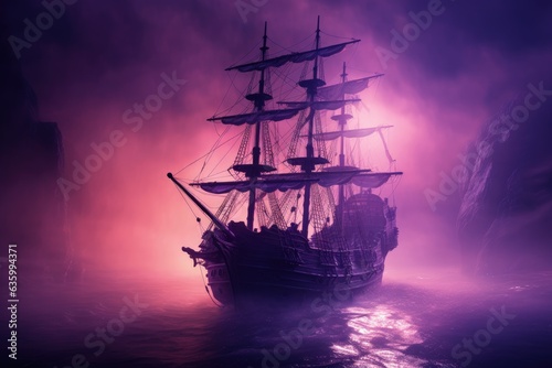 Ghost pirate ship with purple fog, Generative AI 