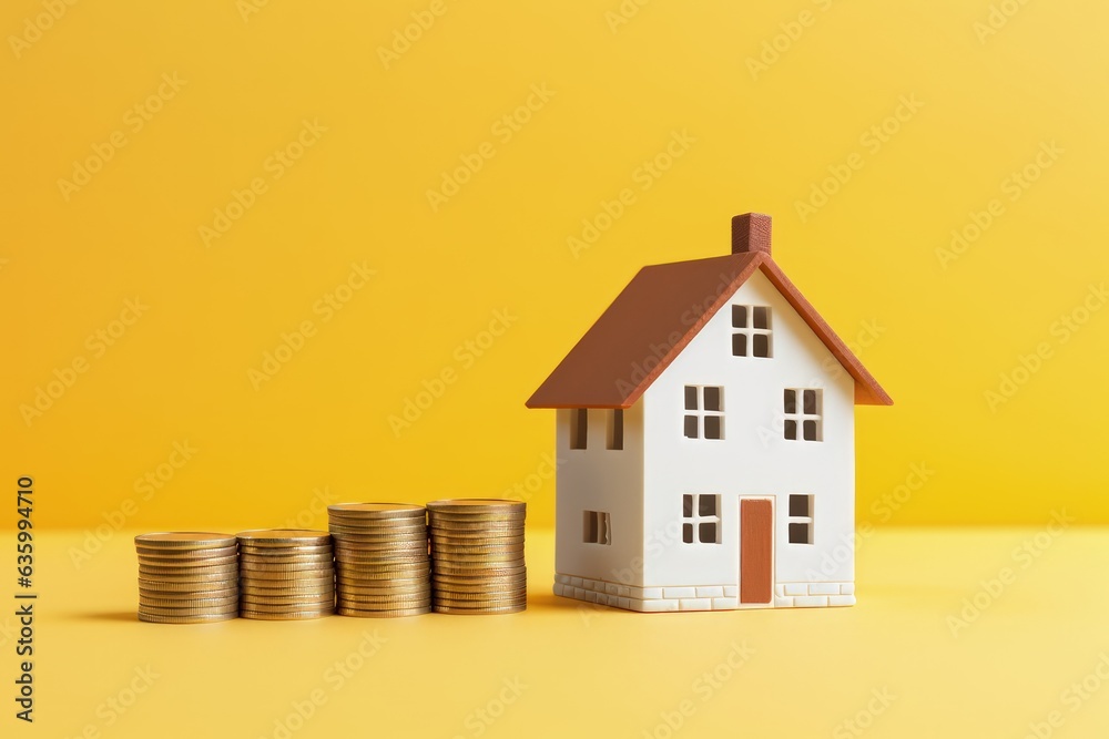 Miniature house with stack of coins on yellow background, real estate market concept, Generative AI
Miniature house with stack of coins on yellow background, real estate market concept, Generative AI