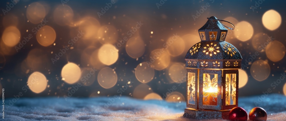 Candle lantern over snow and background with bokeh style blurred lights, christmas lanter, Generative AI Candle lantern over snow and background with bokeh style blurred lights, christmas lanter, Generative AI