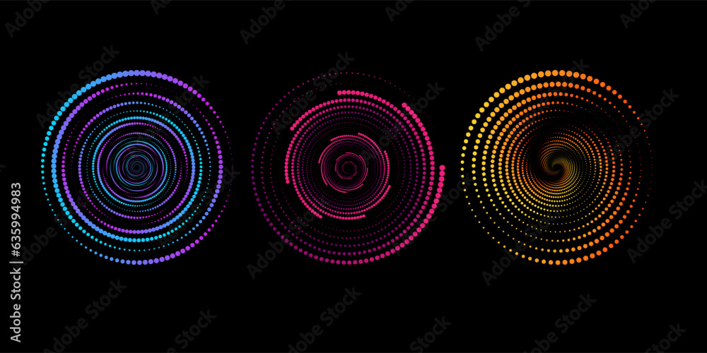 Halftone circular dotted frames set. Circle dots isolated on the white background. Logo design element for medical, treatment, cosmetic. Round border using halftone circle dots texture. Vector
