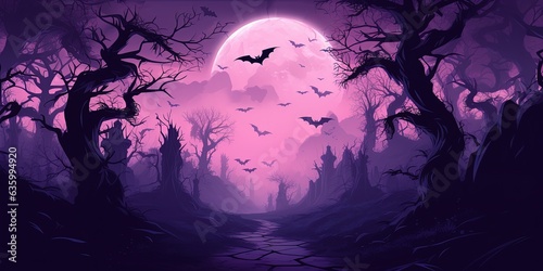 Gloomy forest with dry trees and bats in full moon night with violet colors, Generative AI