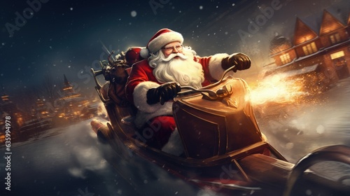 Santa Claus riding sleigh in snowy village, Santa Claus delivering gifts with sleigh, Generative AI