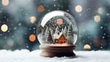 Snow globe with little house and pine trees on the snowy ground and background with blurred lights, Generative AI
