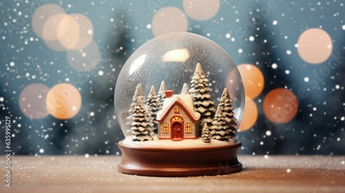 Snow globe with little house and pine trees on the snowy ground and background with blurred lights, Generative AI 