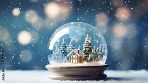Snow globe with little house and pine trees on the snowy ground and background with blurred lights, Generative AI  © Kaleb