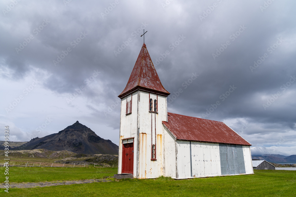 The village church in Hellnar, an old fishing village in the Snaefellsnes peninsula of Iceland