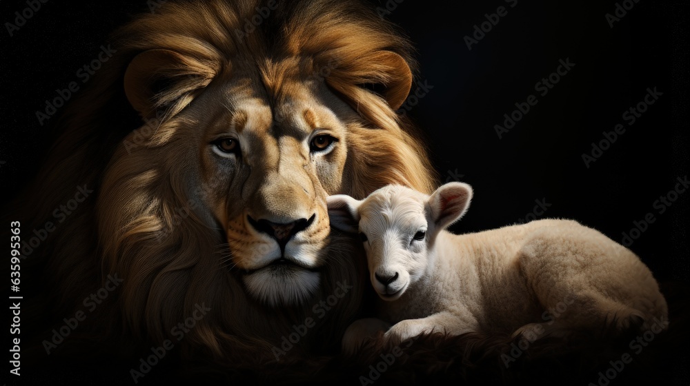 Fototapeta premium Lion and lamb on black background, Jesus the lamb and the lion, Generative AI