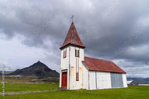 The village church in Hellnar, an old fishing village in the Snaefellsnes peninsula of Iceland photo
