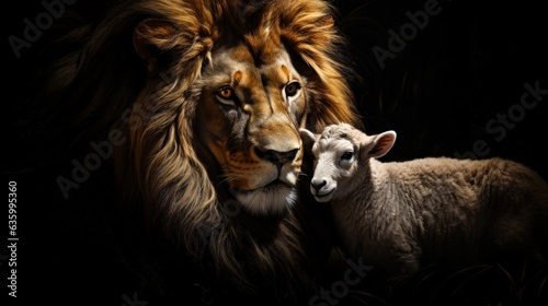 Lion and lamb on black background  Jesus the lamb and the lion  Generative AI