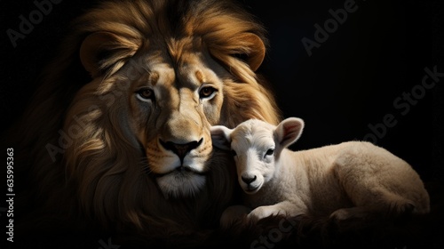 Lion and lamb on black background, Jesus the lamb and the lion, Generative AI © Kaleb