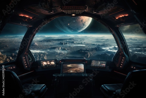 Spaceship cabin interior with exotic planet view, Spaceship cabin with glass windshield, Generative AI