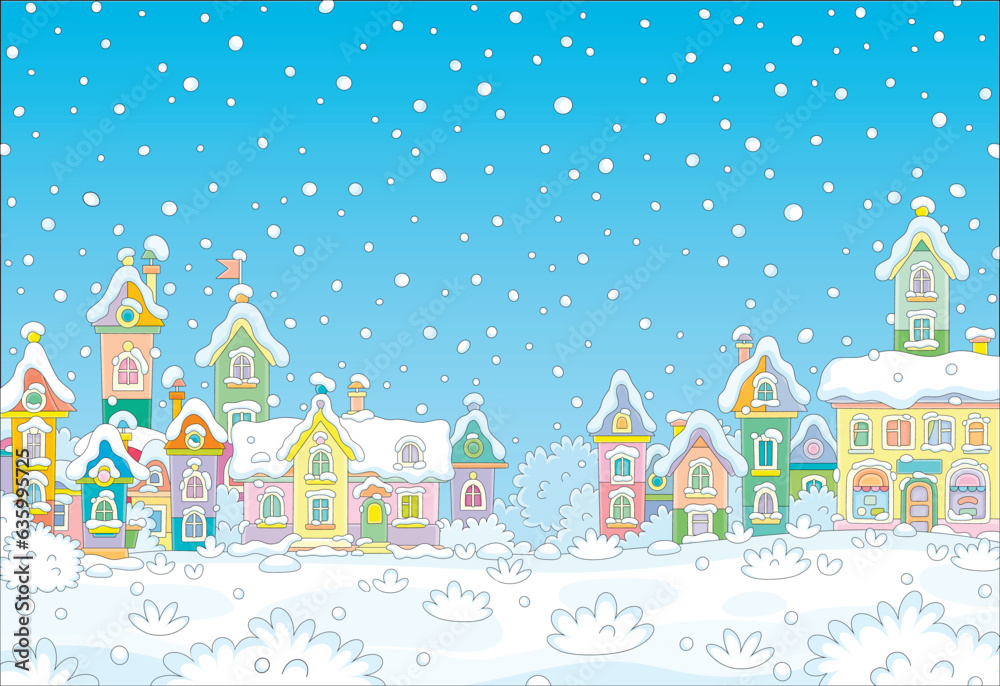 Colorful toy houses covered with snow on a beautiful snowy winter day in a pretty small town, vector cartoon illustration