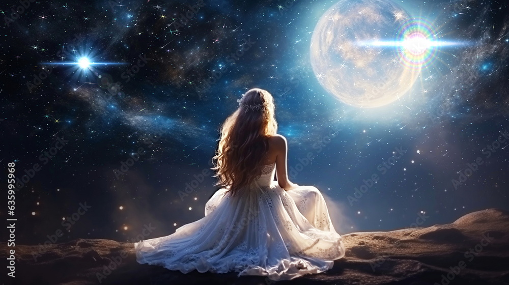 young woman in white dress on earth a watching the surface of the moon,planet nebula ,romantic background young woman in white dress on earth a watching the surface of the moon,planet nebula ,romantic background