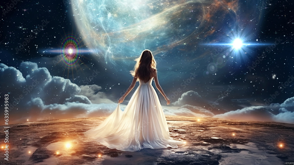 young woman in white dress on earth a watching the surface of the moon,planet nebula ,romantic background young woman in white dress on earth a watching the surface of the moon,planet nebula ,romantic background