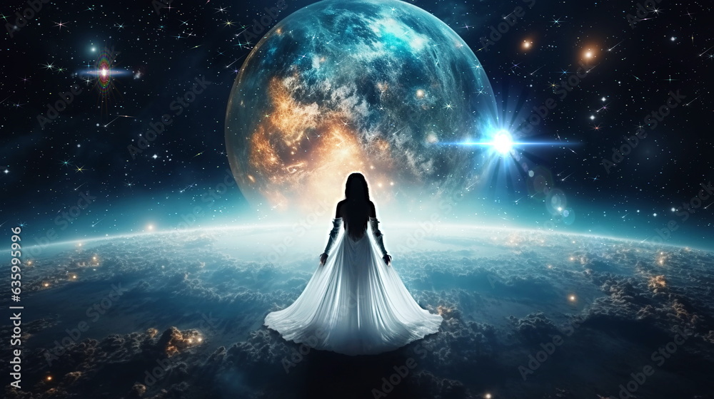 young woman in white dress on earth a watching the surface of the moon,planet nebula ,romantic background young woman in white dress on earth a watching the surface of the moon,planet nebula ,romantic background