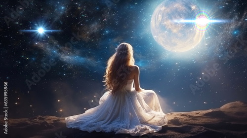  young woman in white dress on earth a watching the surface of the moon,planet nebula ,romantic background 