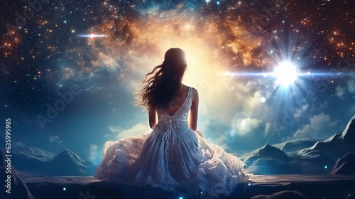  young woman in white dress on earth a watching the surface of the moon,planet nebula ,romantic background  © Aleksandr
