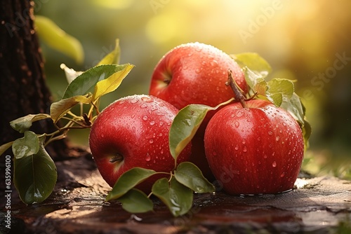 Red ripe tasty apples lying under a tree and covered with water drops among the leaves under the tree photo