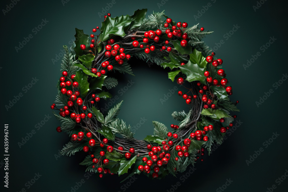 Elegant Christmas wreath with lush green leaves and vibrant red berries against a dark green background. Ideal for holiday promotions, festive decorations, and Christmas cards.