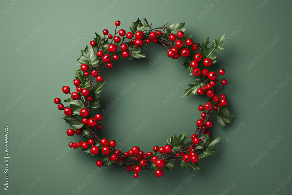 Christmas Wreath with Red Berries on Dark Green Background. Christmas concept