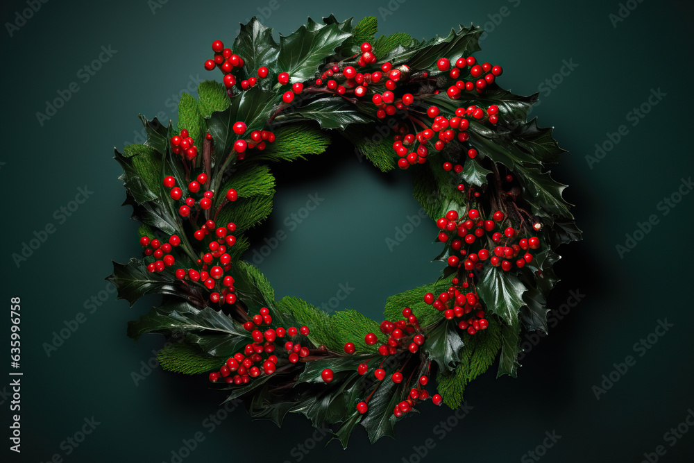 Сhristmas wreath with red berries and green leaves on a dark background. Ideal for holiday decorations, Cards, and seasonal promotions. Perfect for adding a touch of holiday spirit to any setting Сhristmas wreath with red berries and green leaves on a dark background. Ideal for holiday decorations, Cards, and seasonal promotions. Perfect for adding a touch of holiday spirit to any setting