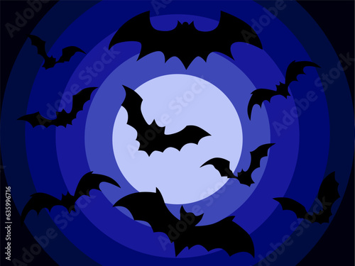 Happy Halloween. A flock of bats against the background of a full moon. A terrible night. Vector illustration