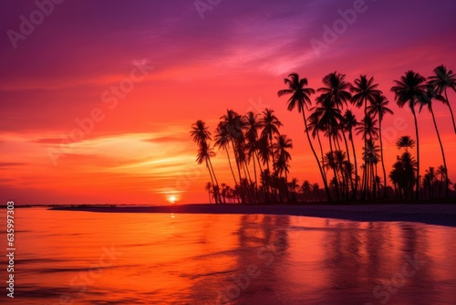 a serene tropical beach at sunset with palm trees