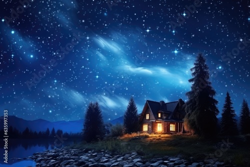 a serene cabin nestled in a moonlit forest