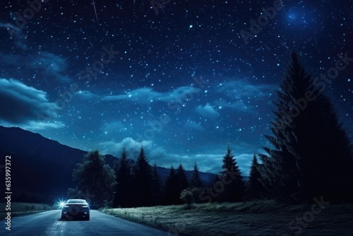 a car driving under a starry night sky