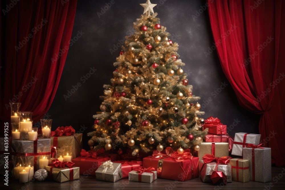 A beautifully decorated Christmas tree with presents underneath, covered by a vibrant red curtain