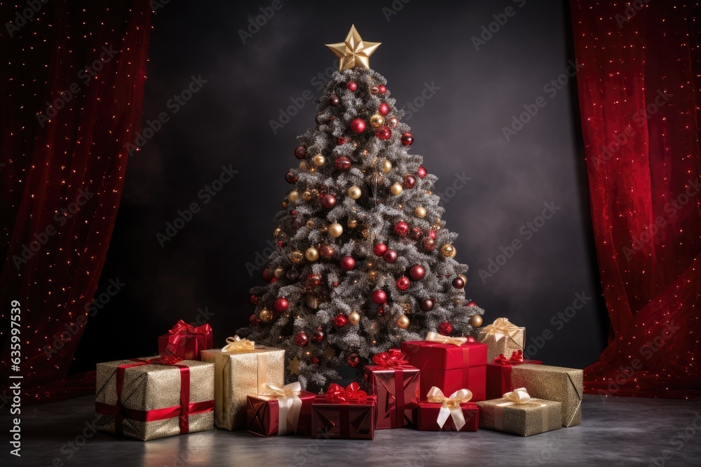 a festive Christmas tree with presents under a vibrant red curtain
