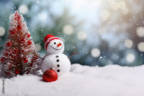 Realistic snowman smiling standing in snow near spruce trees and red balls. Cute new year, christmas holiday character smiling in red hat. Generative AI © Darya