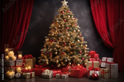 A beautifully decorated Christmas tree with presents underneath, covered by a vibrant red curtain