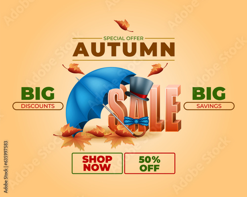 Background, autumn scene design with 3d texts, rain umbrella and leaves in the colors of the season, for Autumn, sales commercial event; Vector illustration