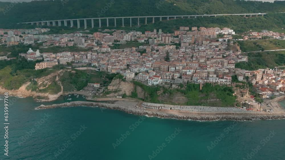 Drone shot over the shore of Tropea Beach and Tonnara di Palmi on a cloudy day Drone shot over the shore of Tropea Beach and Tonnara di Palmi on a cloudy day