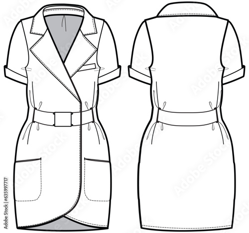 Women notch lapel collar sheath dress design flat sketch fashion illustration with front and back view. Woven tulip Short dress vector template drawing photo