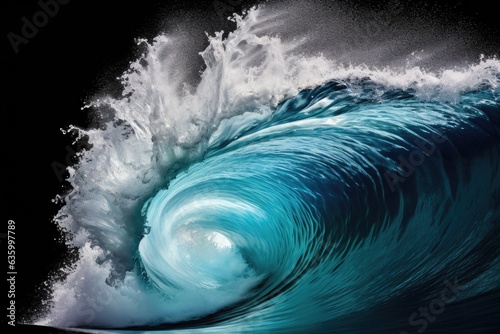 a powerful blue ocean wave crashing against a dark backdrop