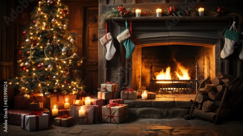 Christmas tree lit by lights near the fireplace with hanging stockings and outside the window at night. High quality photo