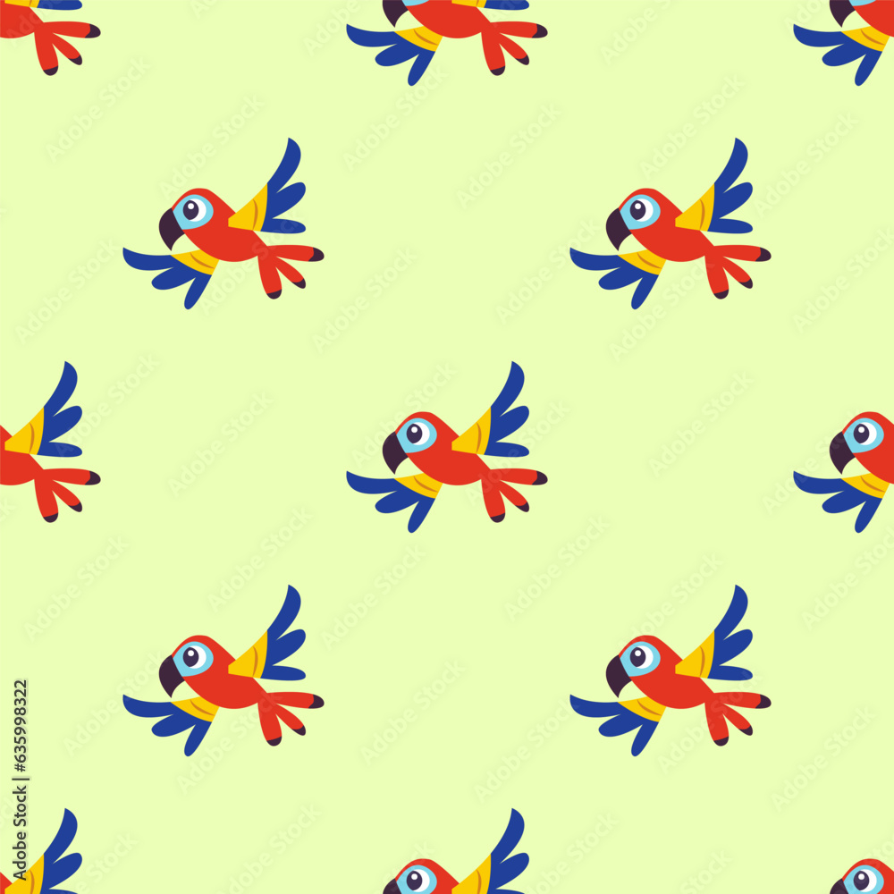 Colorful bird isolated on light yellow background is in Seamless pattern - vector illustration