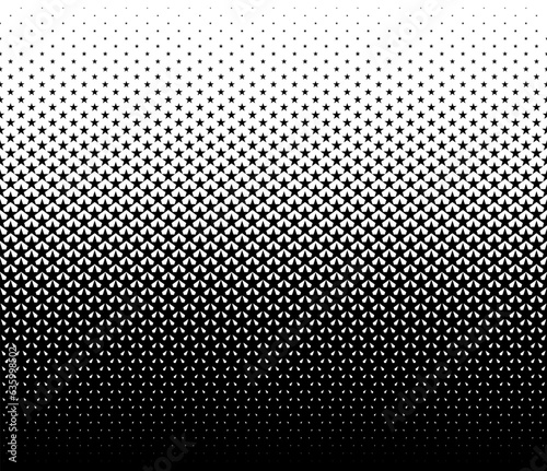 Disappearing seamless halftone vector background. Filled with black stars. Long fadeout