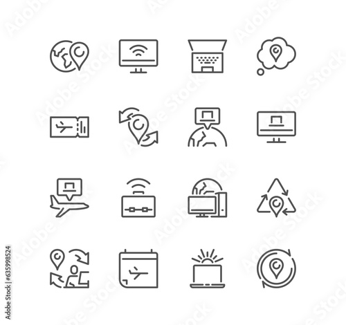 Set of digital nomad related icons, freelancer, distance job, copywriter, backpack, workplace, holiday, journey, experiences and linear variety vectors. 