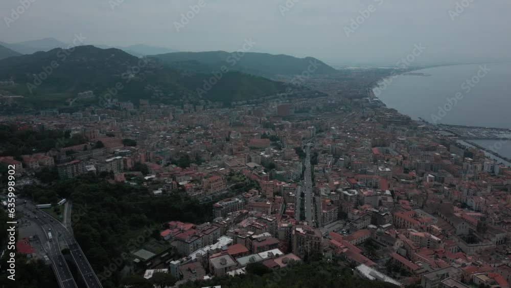 Drone shot over Piazza della Liberta (Salerno) on the shore of sea , Italy Drone shot over Piazza della Liberta (Salerno) on the shore of sea , Italy