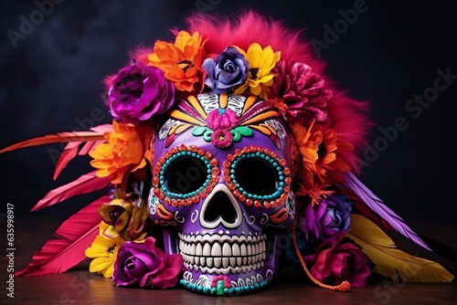 Sugar Skull with Feathers and Beads, Day of the Dead, symbols Generative AI