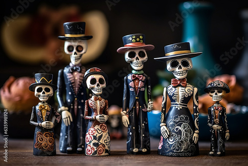 Skeleton Family Gathering, Day of the Dead, symbols Generative AI photo