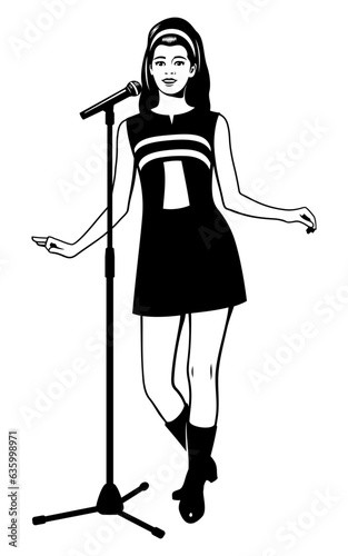 Pop Singer Girl 60s. Black and white ink style vector clipart. Microphone with stand is the separate object.