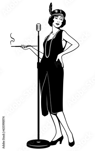Jazz Singer Woman 20s, 30s. Black and white ink style vector clipart. Microphone with stand is the separate object.