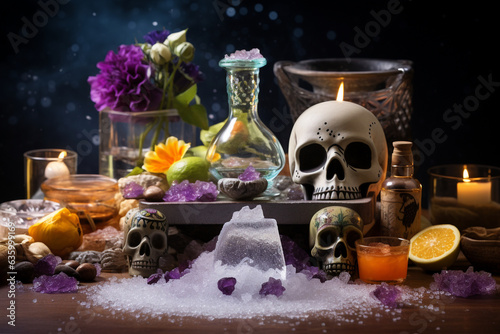 Altar with Water and Salt Elements, Day of the Dead, symbols Generative AI
