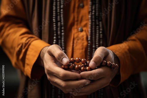 Close up shot of man holding prayer beads