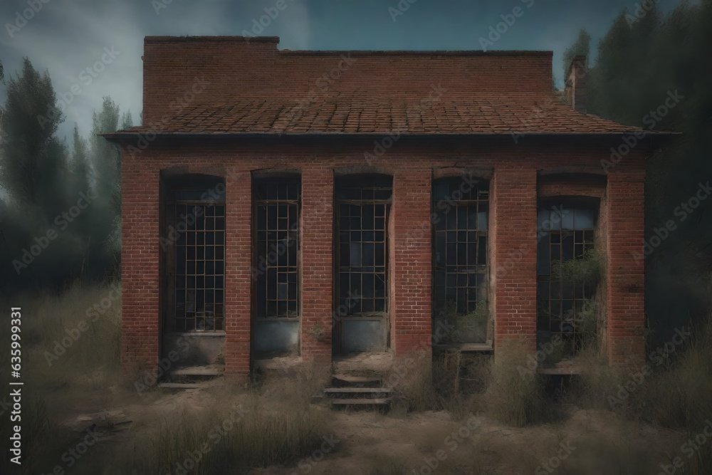 Abandoned small brick building, game location - AI Generative