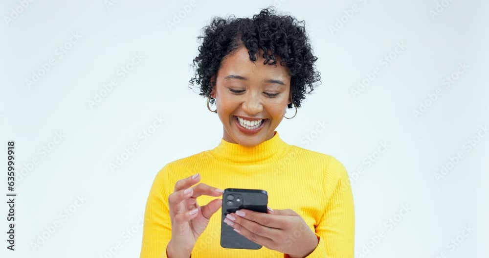 Phone, message and woman in studio smile for social media, news or streaming subscription on white background. Smartphone, text and female person happy with online dating, app or chat communication Phone, message and woman in studio smile for social media, news or streaming subscription on white background. Smartphone, text and female person happy with online dating, app or chat communication